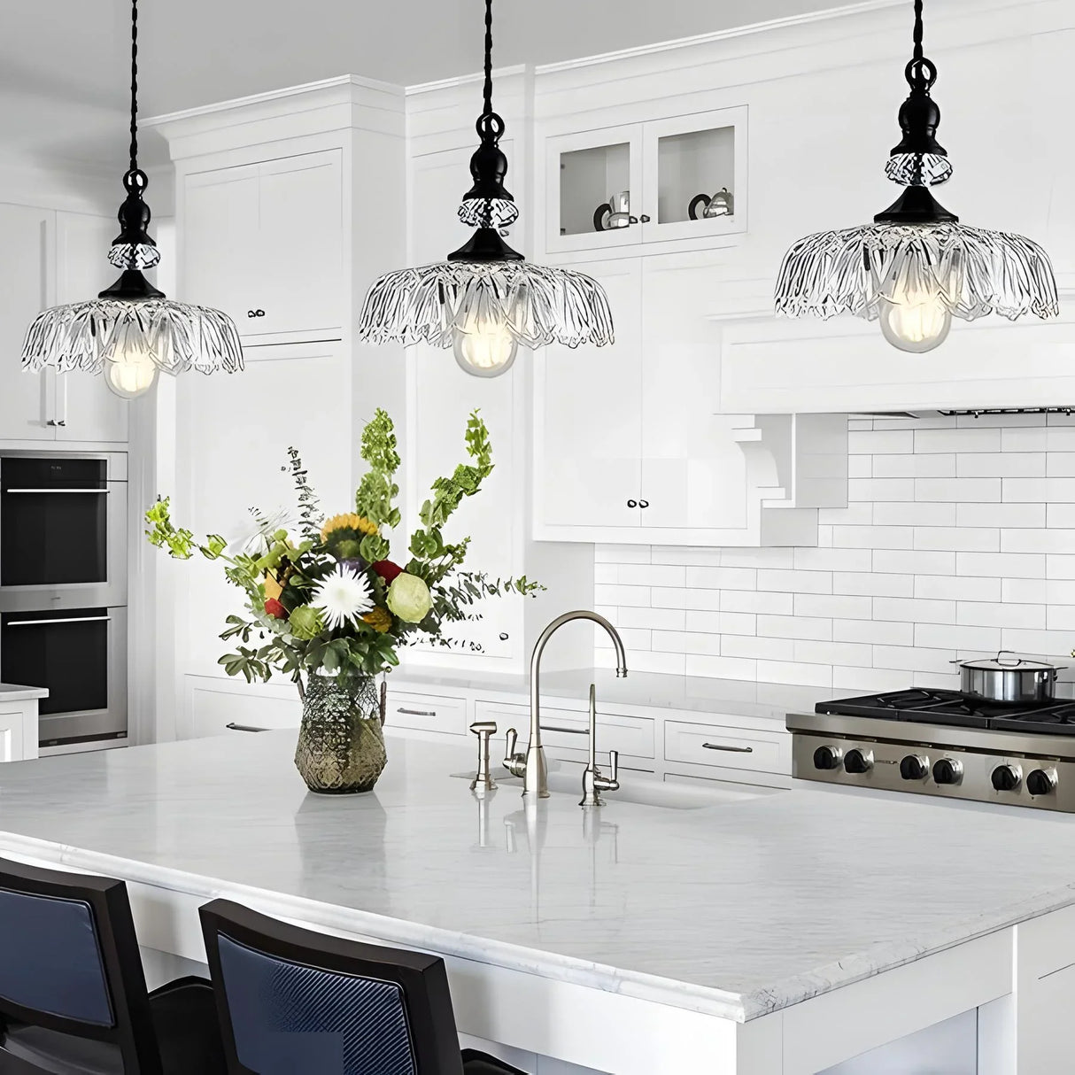 Retro glass flower pendant light with black body and clear shade
