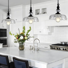 Retro glass flower pendant light with black body and clear shade