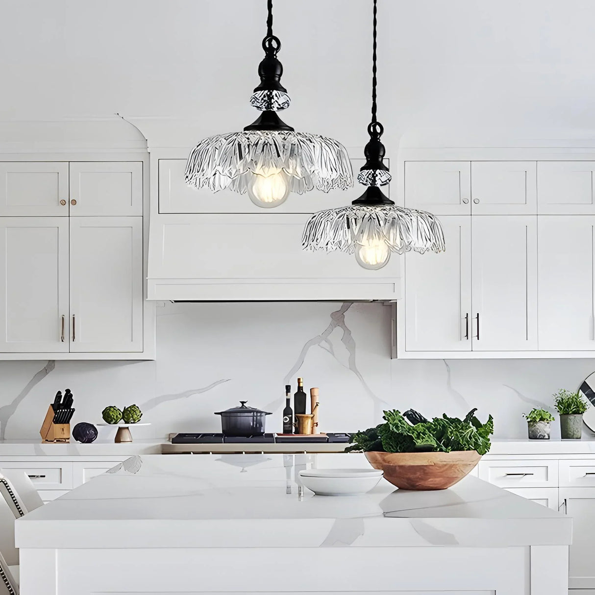 Detailed look at the floral cut pattern of the glass pendant shade