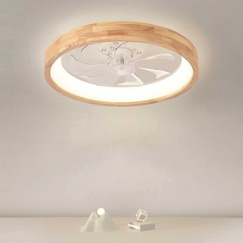 Round LED ceiling fan light with natural wood band and diffuser