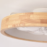 Wood ceiling fan light lit and mounted flush to a white ceiling