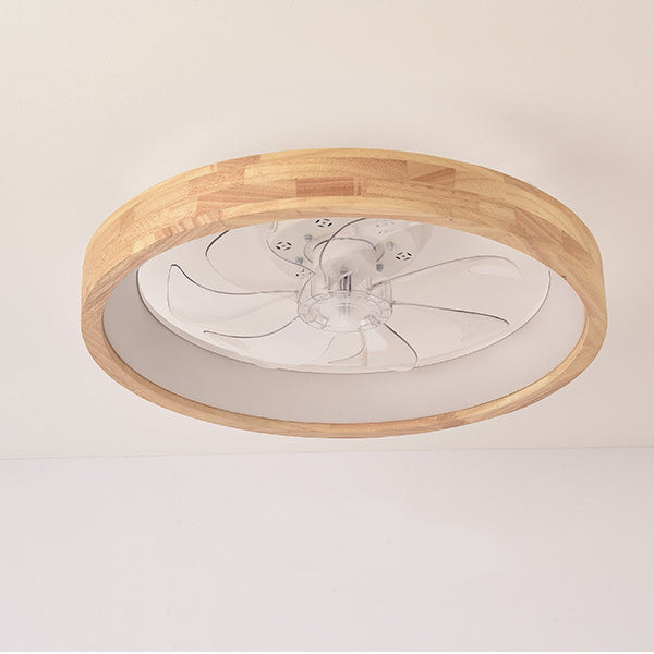Front view of the round wood rimmed flush mount ceiling fan light