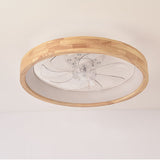 Front view of the round wood rimmed flush mount ceiling fan light