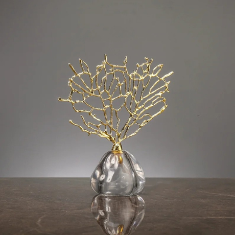 Crystal Coral Metal Tree Vase with Hollow Glass Frame Decor