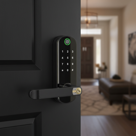 Black electronic smart door lock with a touch keypad, shown with a smartphone app screen, two mounting screws, and two black RFID tags on a white background.