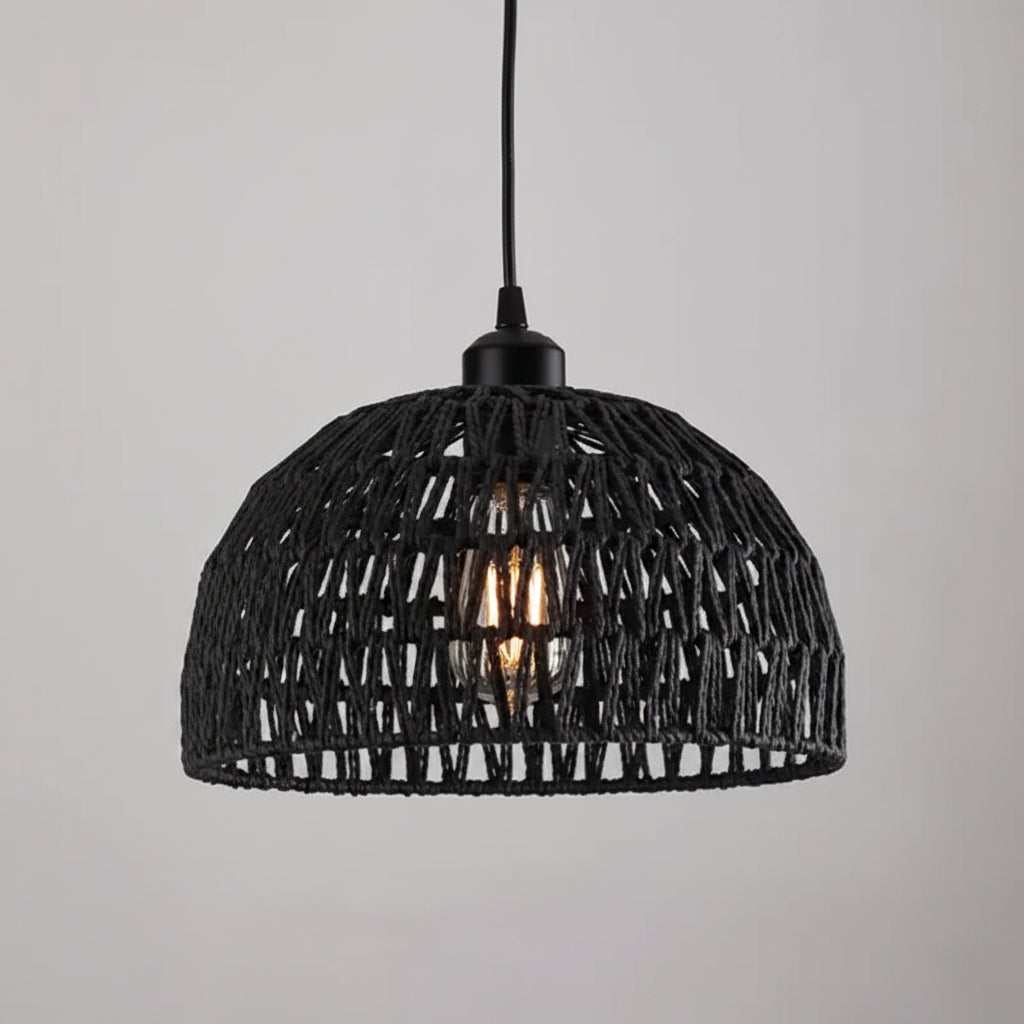 Black woven pendant light on a gray background