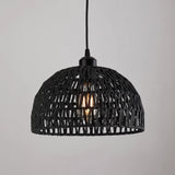 Black woven pendant light on a gray background