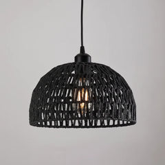 Black woven pendant light on a gray background