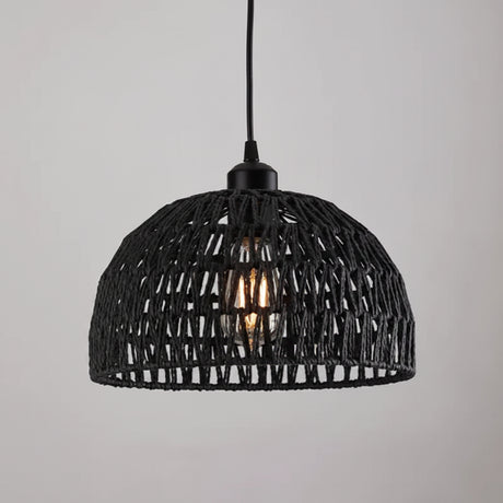 Black woven pendant light on a gray background