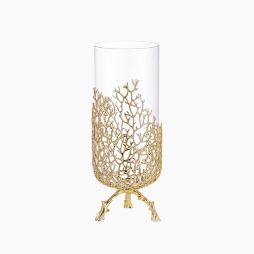 Crystal Coral Metal Tree Vase with Hollow Glass Frame Decor