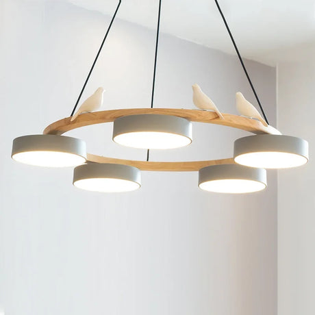 Cadmus Macarons Bird Wood Round Chandelier Modern Fixture