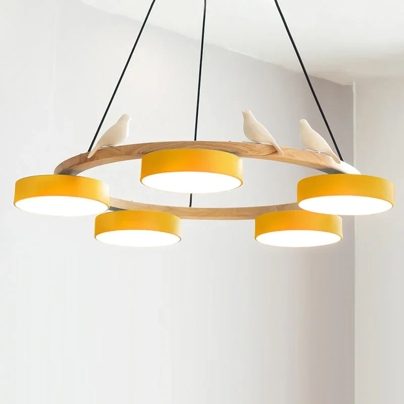 Cadmus Macarons Bird Wood Round Chandelier Modern Fixture
