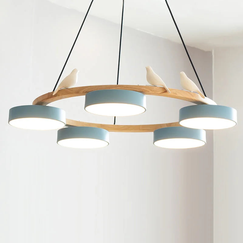 Cadmus Macarons Bird Wood Round Chandelier Modern Fixture