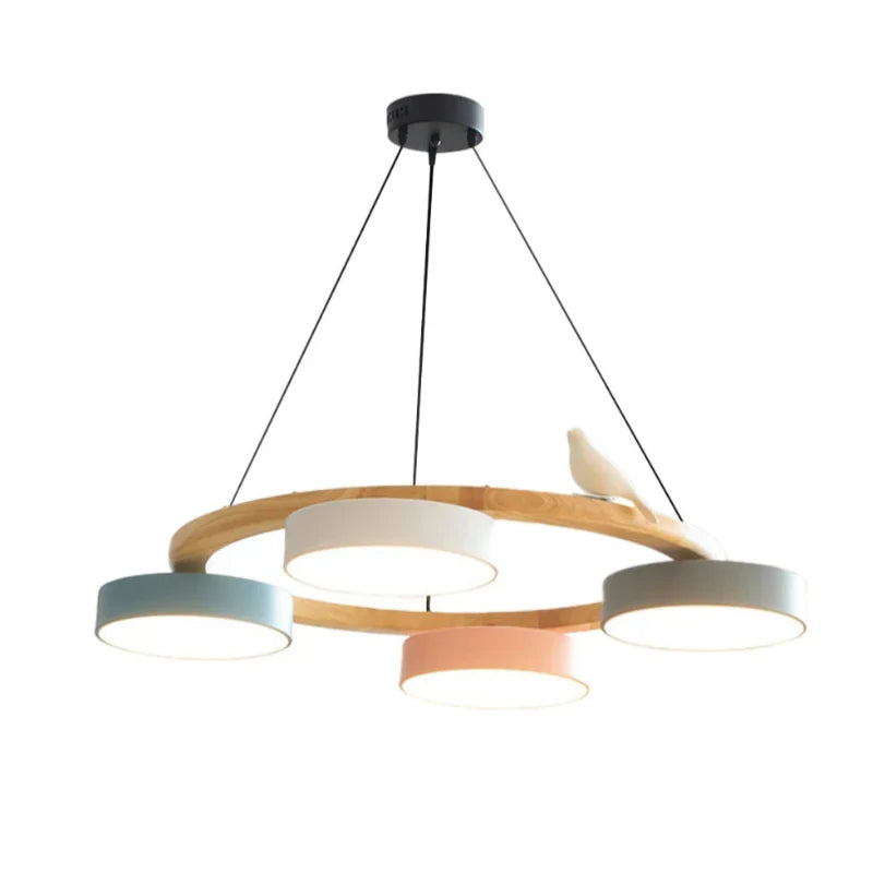 Cadmus Macarons Bird Wood Round Chandelier Modern Fixture