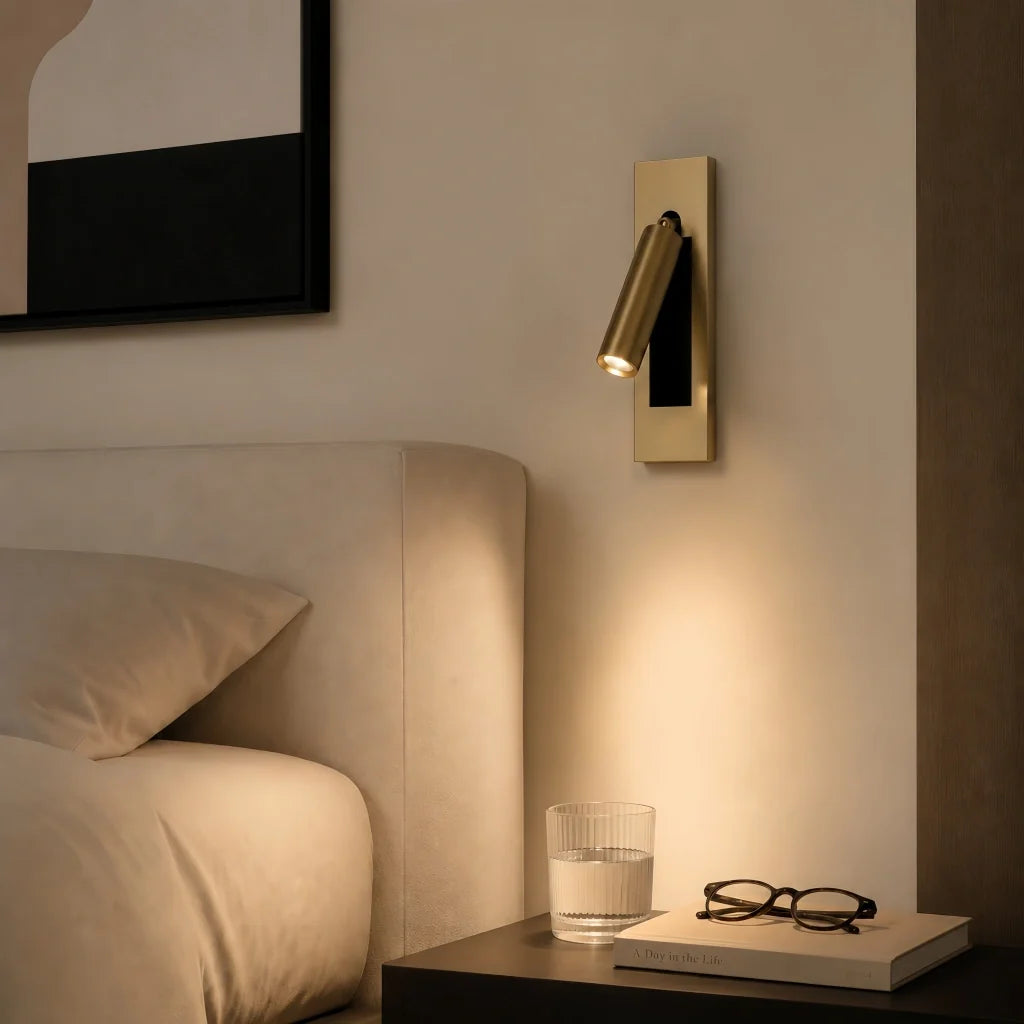 Black bedside reading wall light with adjustable spotlight and push-button switch