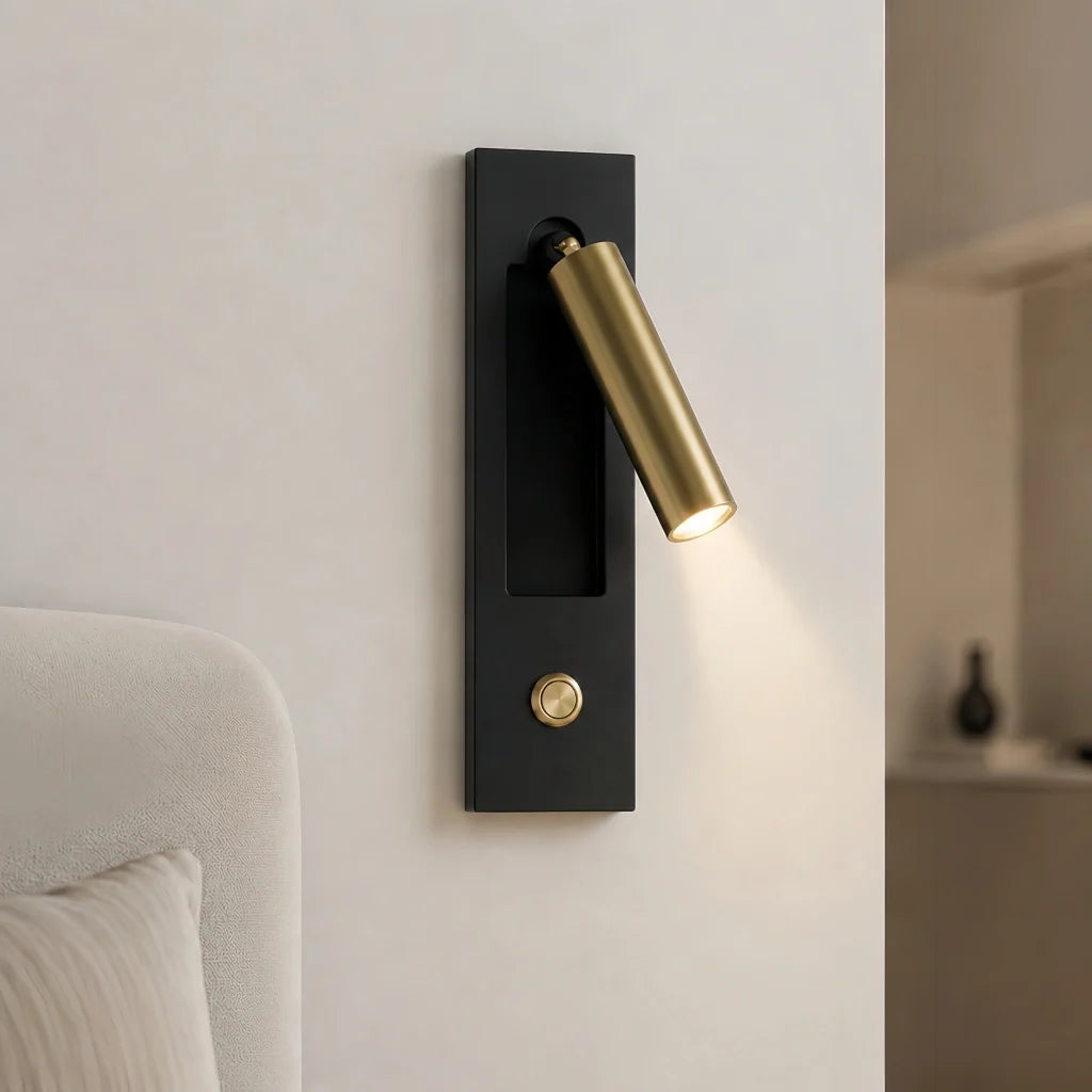 Black and copper reading sconce head with contrasting tones