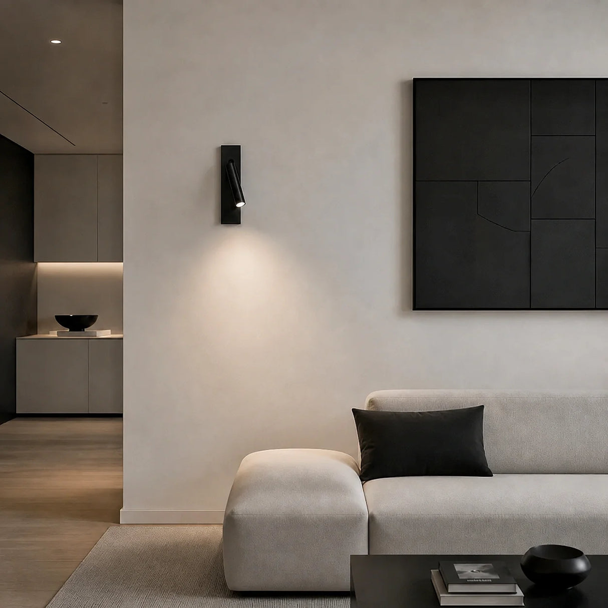 Wall mounted reading light casting a focused warm beam onto an open book