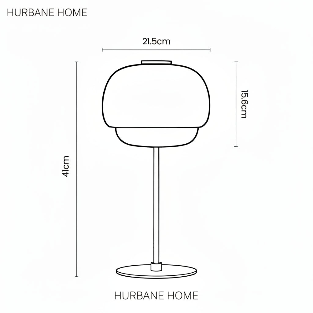 Black line drawing of a table lamp on a white background with dimension labels showing 21.5 cm width, 15.