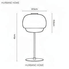 Black line drawing of a table lamp on a white background with dimension labels showing 21.5 cm width, 15.