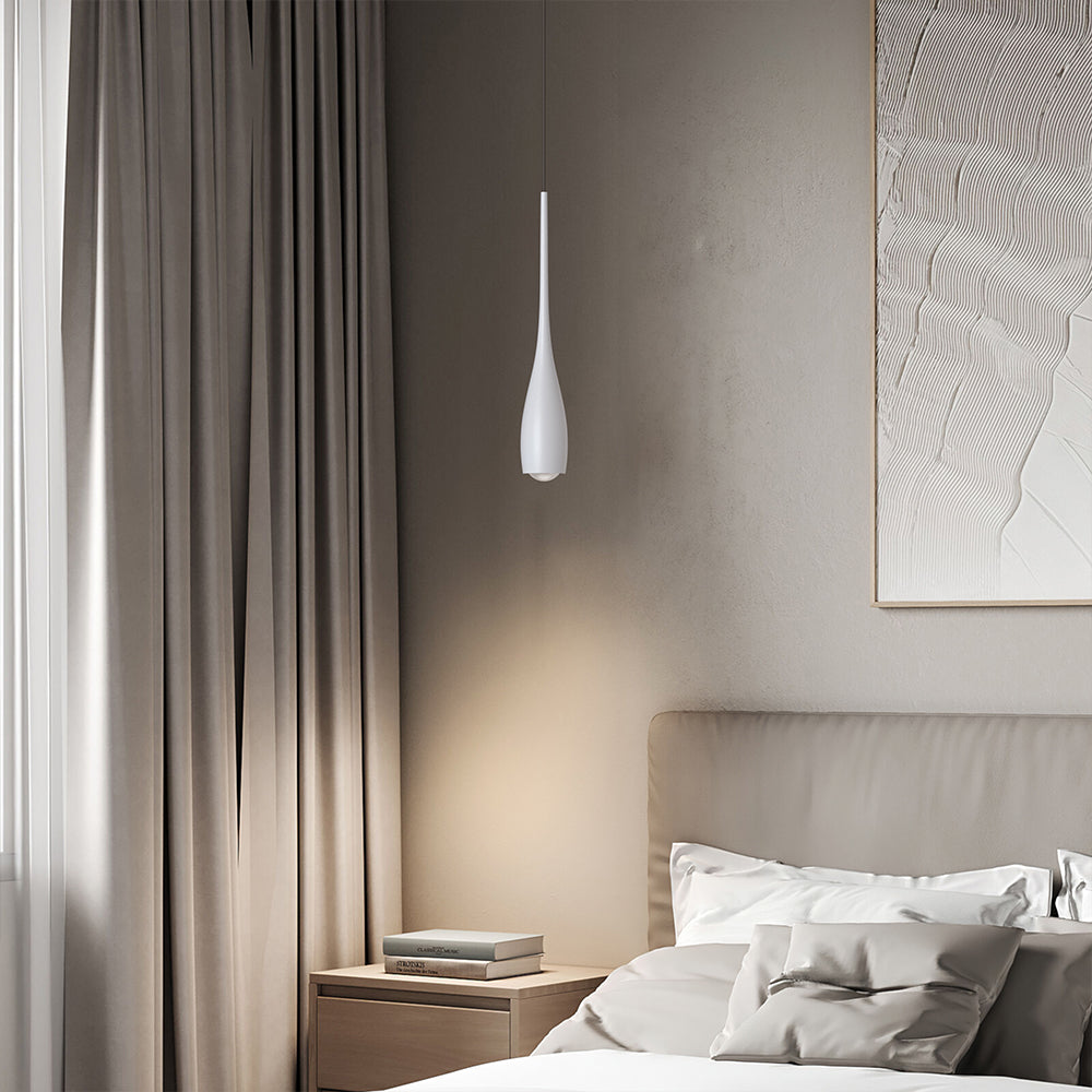 Aluminium teardrop pendant light with warm downward illumination