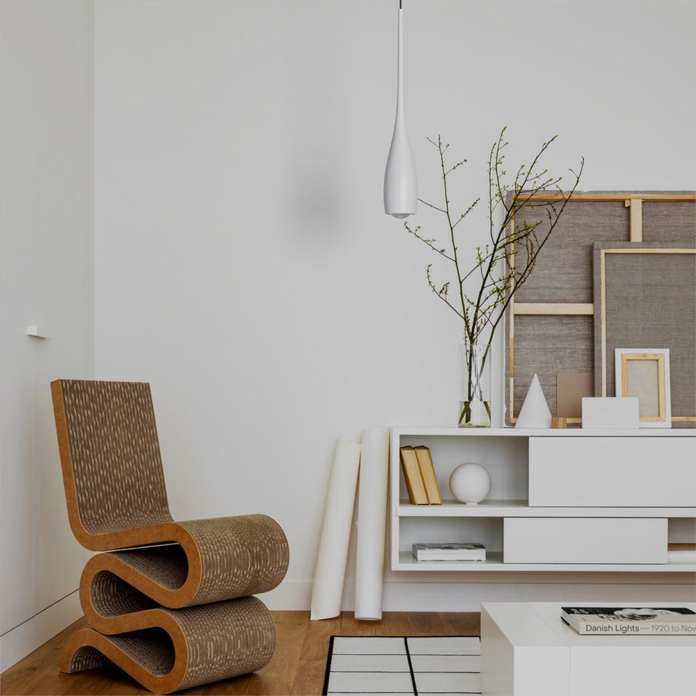Water drop pendant light lighting a contemporary living space