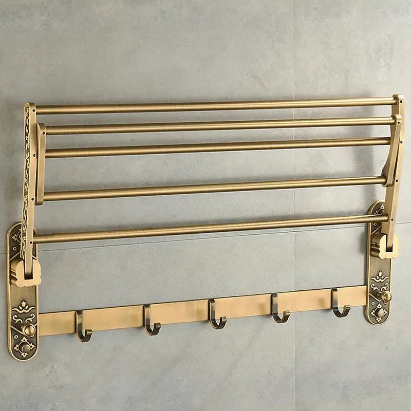 Antique Brass Aluminum Foldable Double Towel Rack with Hooks