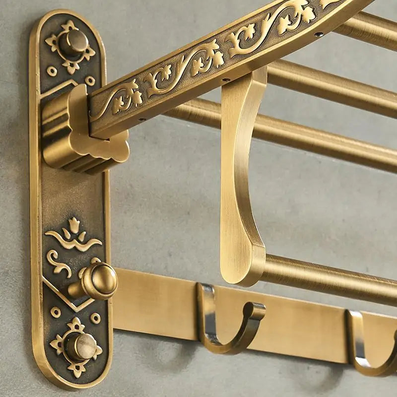 Antique Brass Aluminum Foldable Double Towel Rack with Hooks