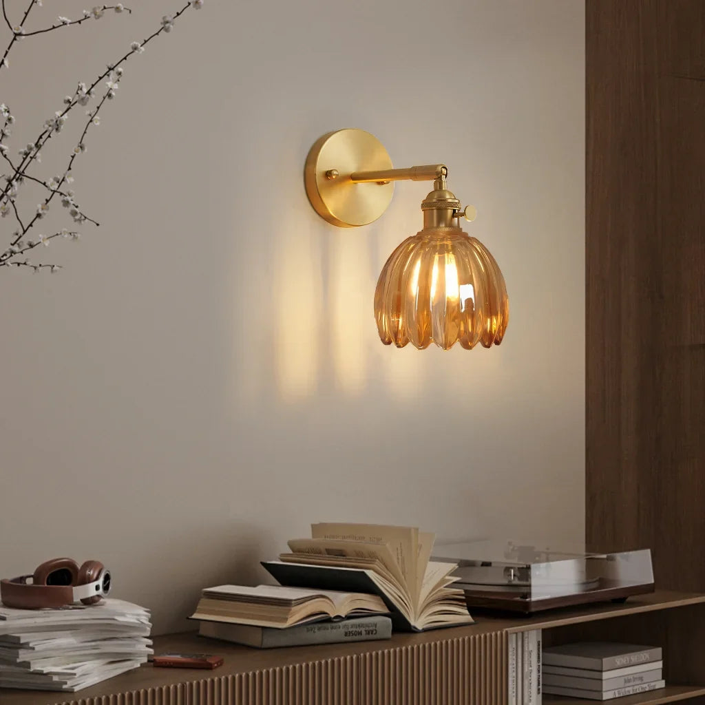 Lotus Wall Lamp Glass Copper E27 Vintage Rotatable Sconce