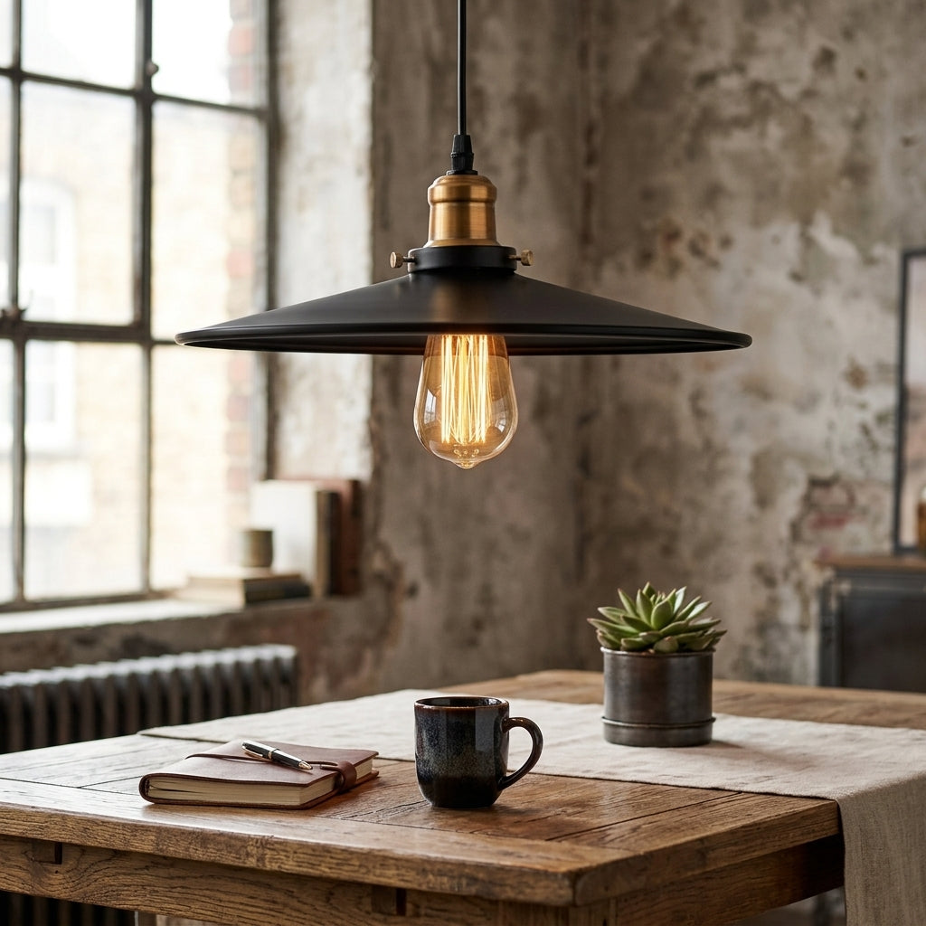 Vintage Industrial Pendant Light Black Cone Shade Brass Socket