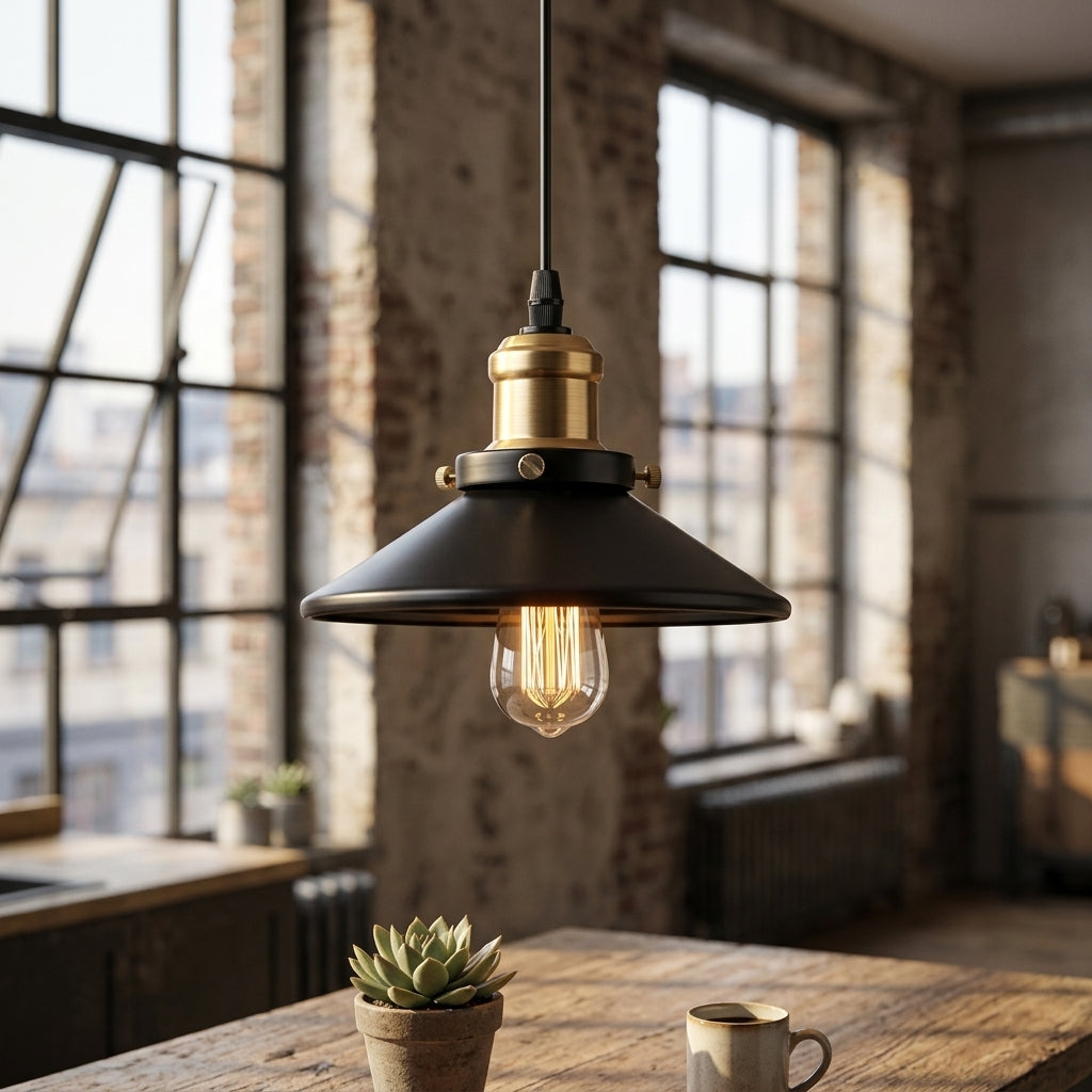 Vintage Industrial Pendant Light Black Cone Shade Brass Socket