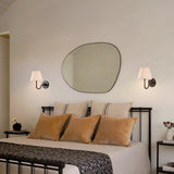 Vintage farmhouse wall sconce with metal frame and pleated linen shade, white shade full view 19