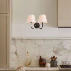 Two-head wall sconce with paired pleated linen shades on a metal frame, mustard yellow shade side view 22