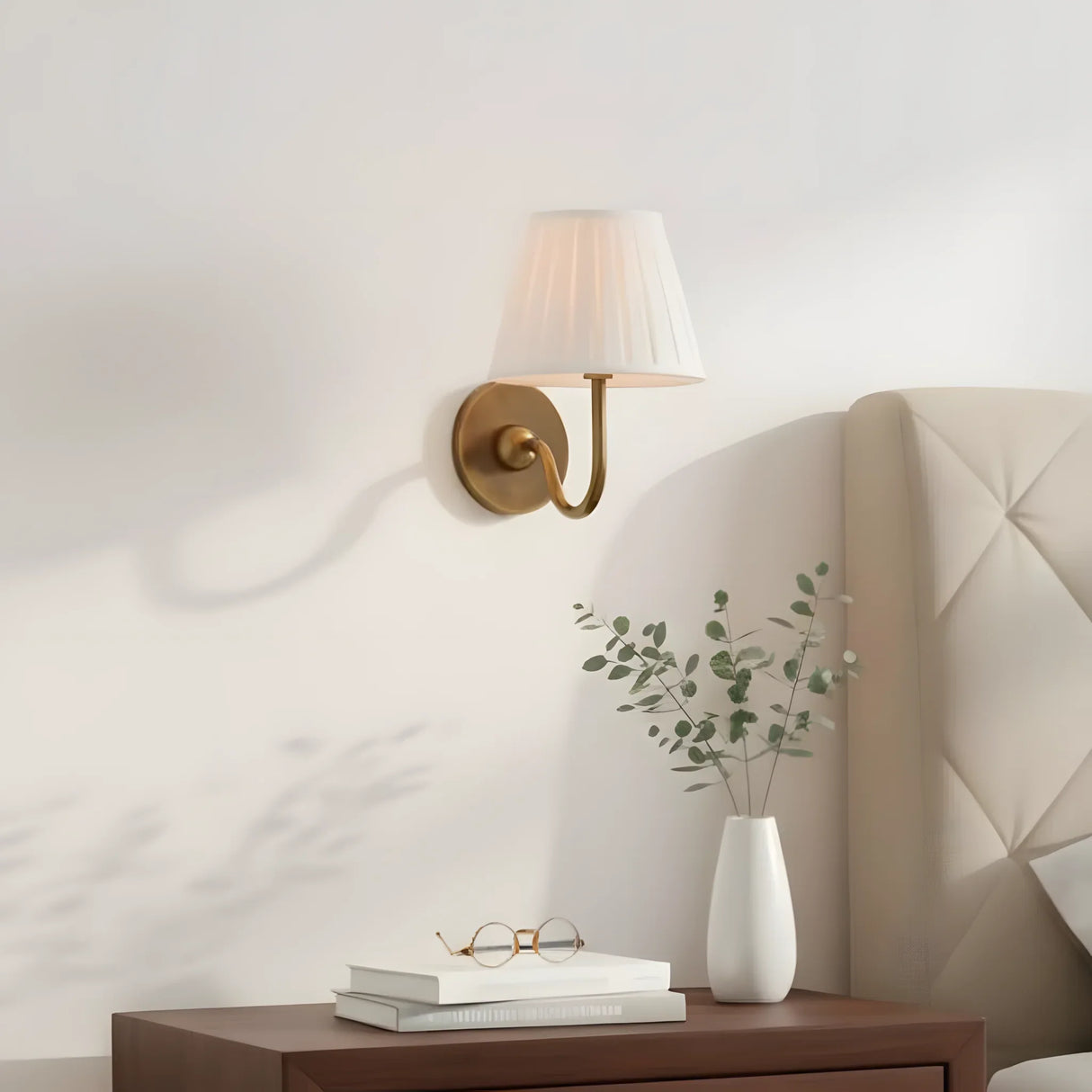 Farmhouse wall sconce with linen shade mounted for bedside or hallway use, sage green shade detail shot 14
