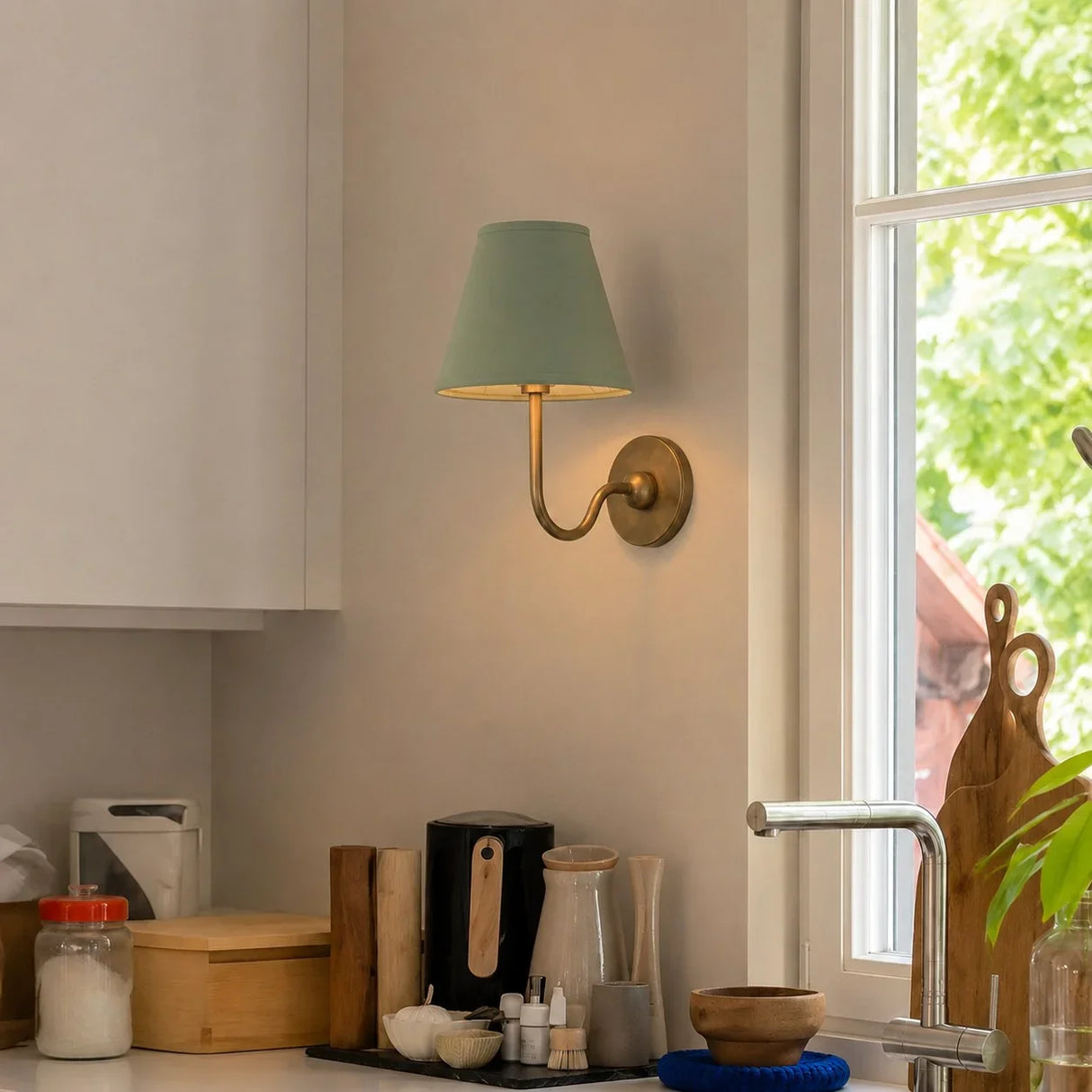 Two-head wall sconce with paired pleated linen shades on a metal frame, white shade product shot 7