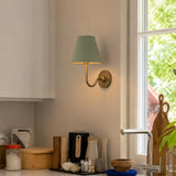 Two-head wall sconce with paired pleated linen shades on a metal frame, white shade product shot 7