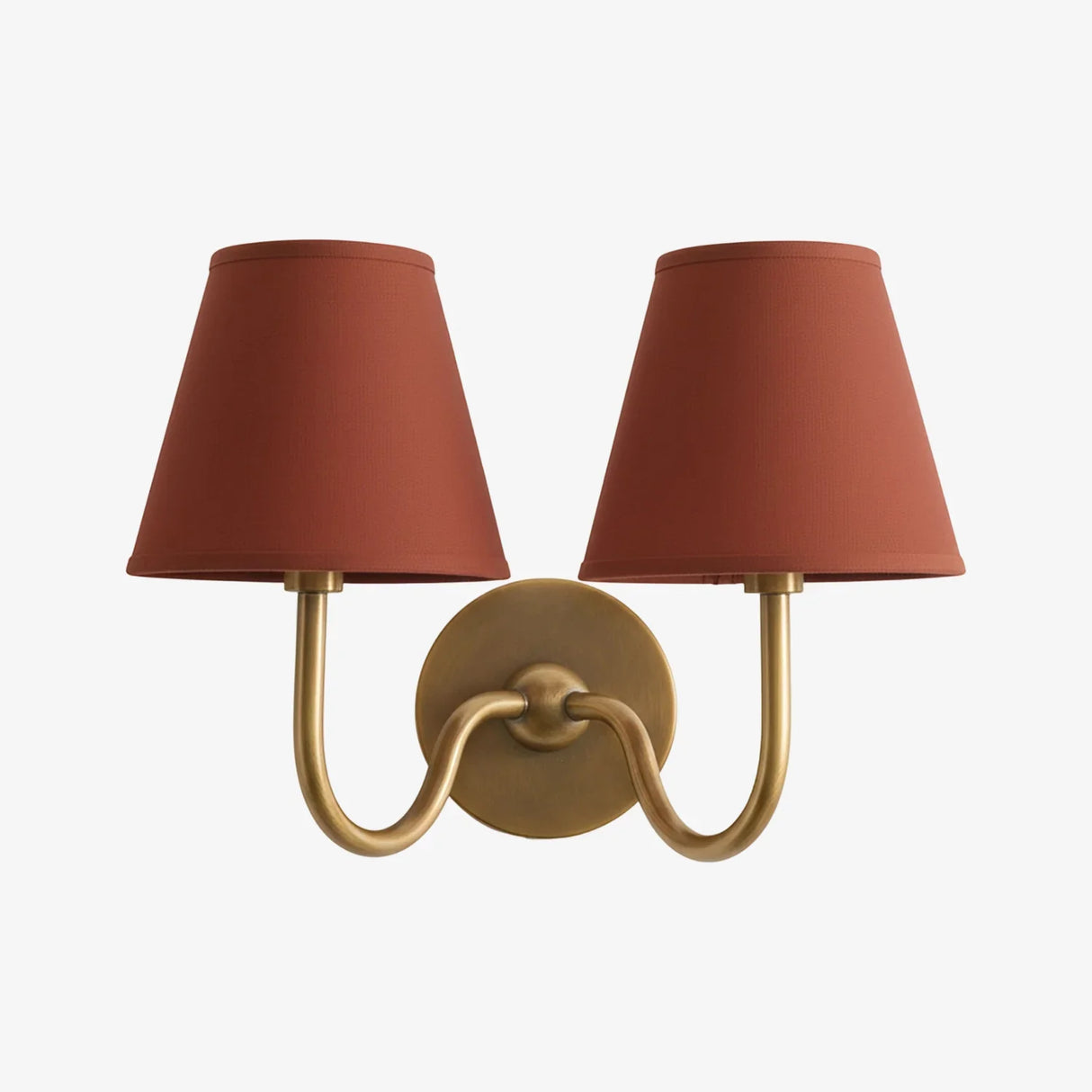 Detail of the round backplate and curved arm on the pleated fabric sconce, green shade side view 42