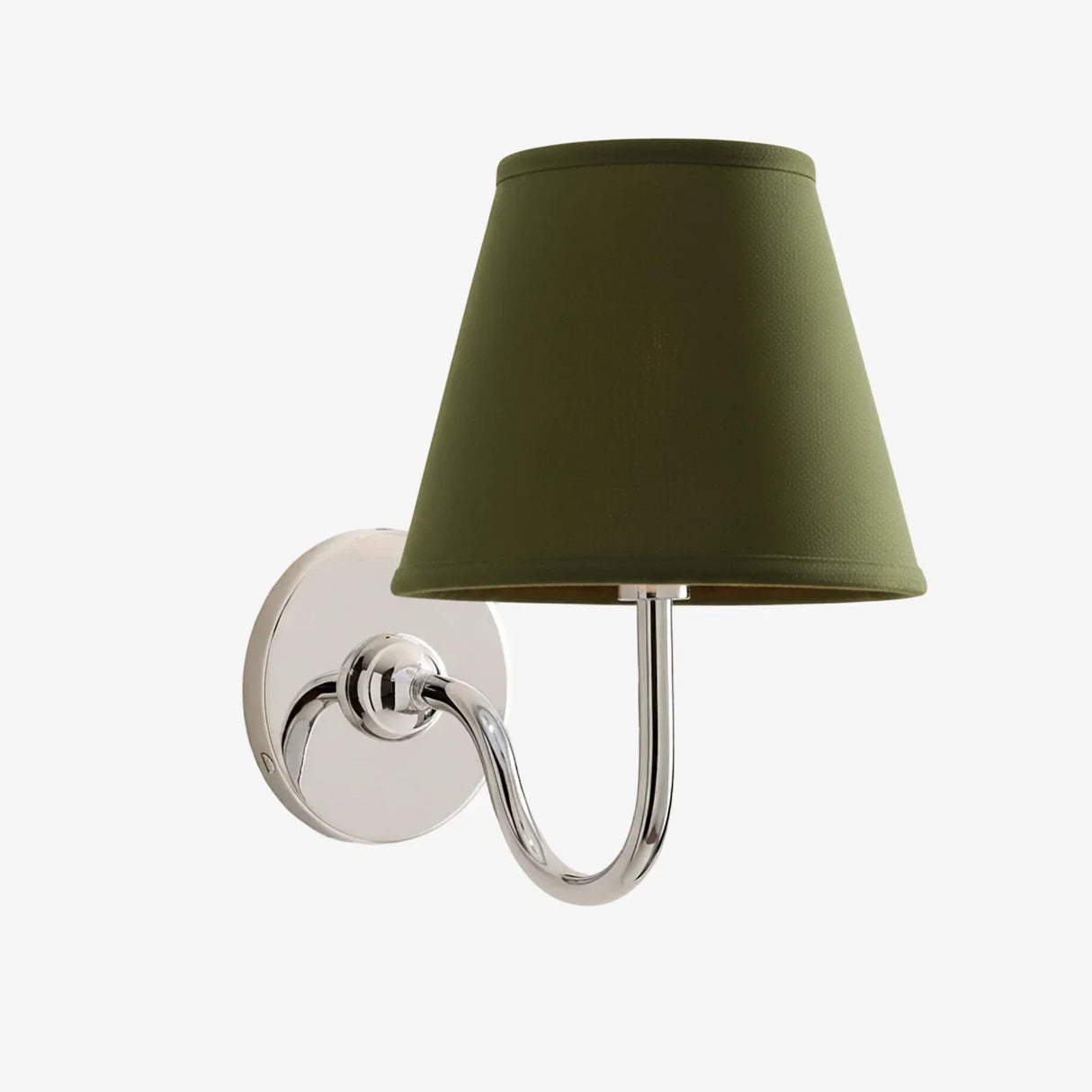 Wall sconce with curved U-shaped arm and flush circular wall mount plate, dusty blue shade front view 51