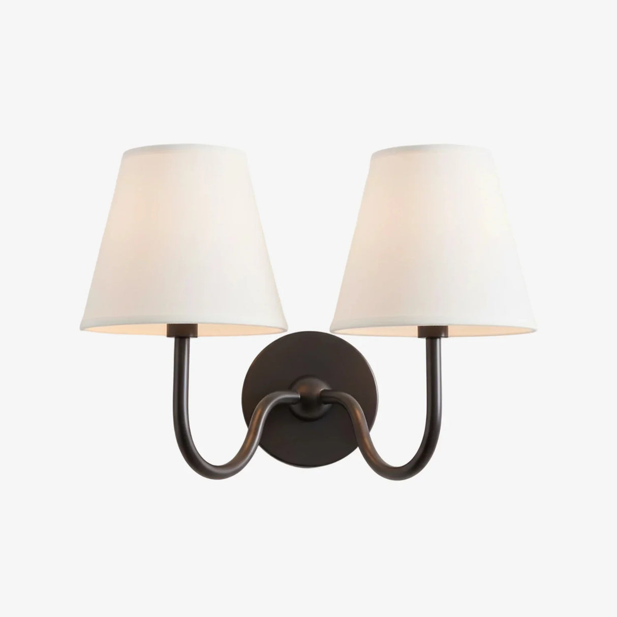 Two-head wall sconce with paired pleated linen shades on a metal frame, white shade product shot 37
