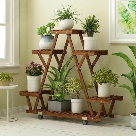 Carbonized Pine 6-Tier Triangular Plant Stand with Wheels