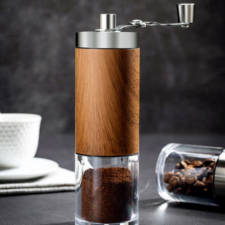 Portable Hand-Crank Coffee Grinder Wood Grain Stainless Steel Ceramic