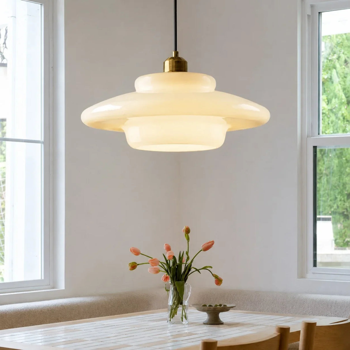 Cream opal glass pendant light seen from below