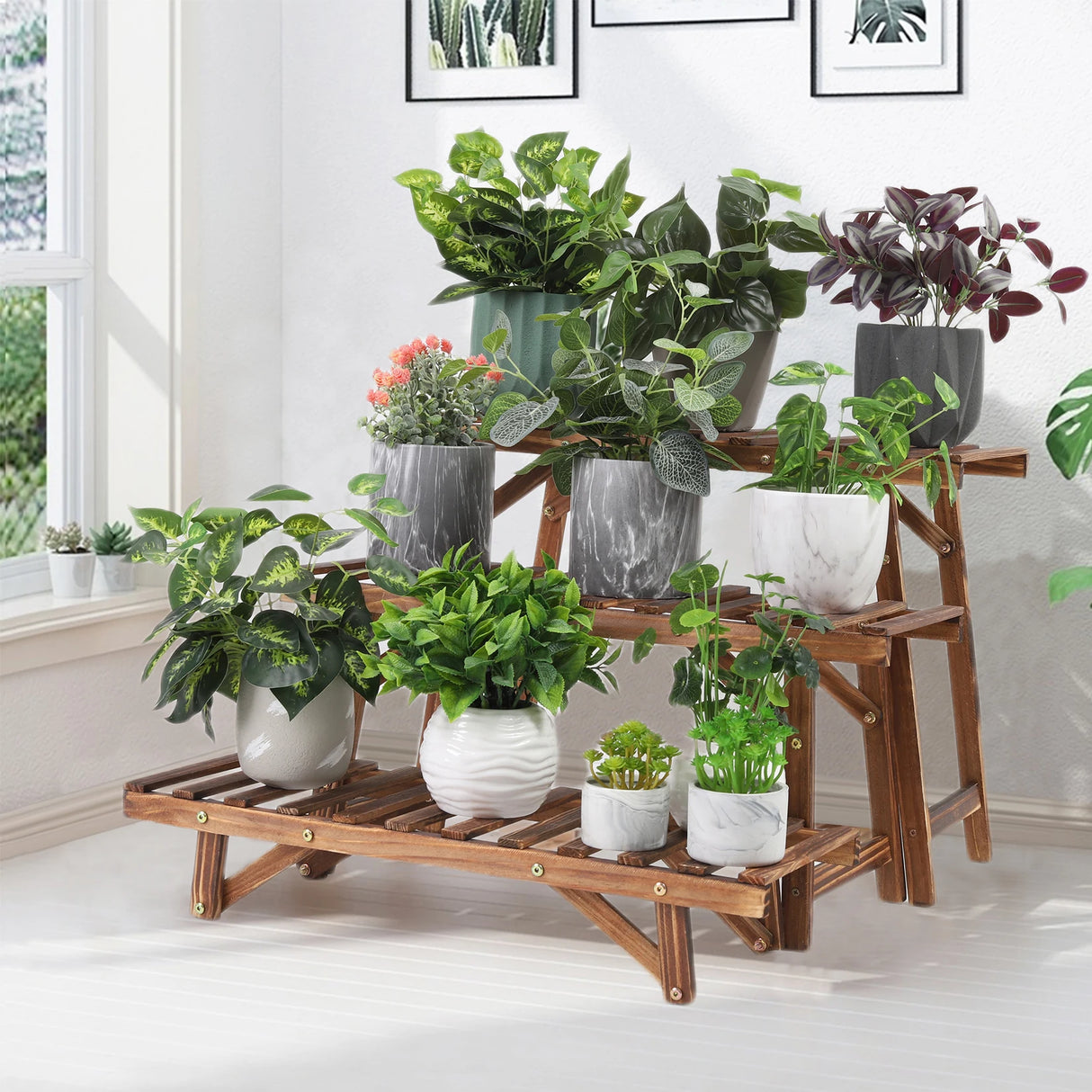 3-Tier Pine Wood Ladder Plant Stand for Indoor Outdoor Display