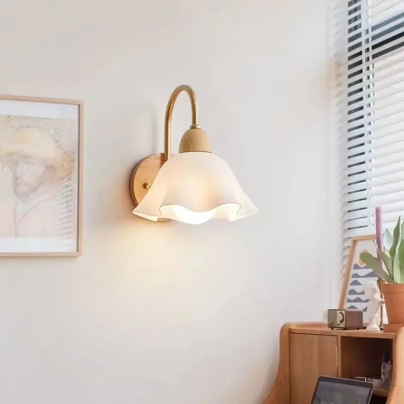 Japanese Wooden Wall Sconce Lamp with Frosted Glass Shade