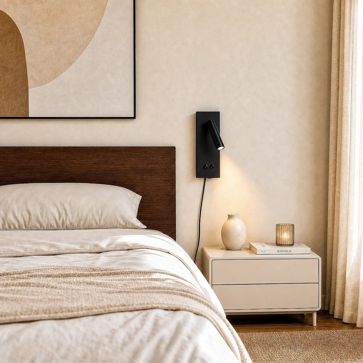 Bedside wall sconce head tilted downward to aim the beam