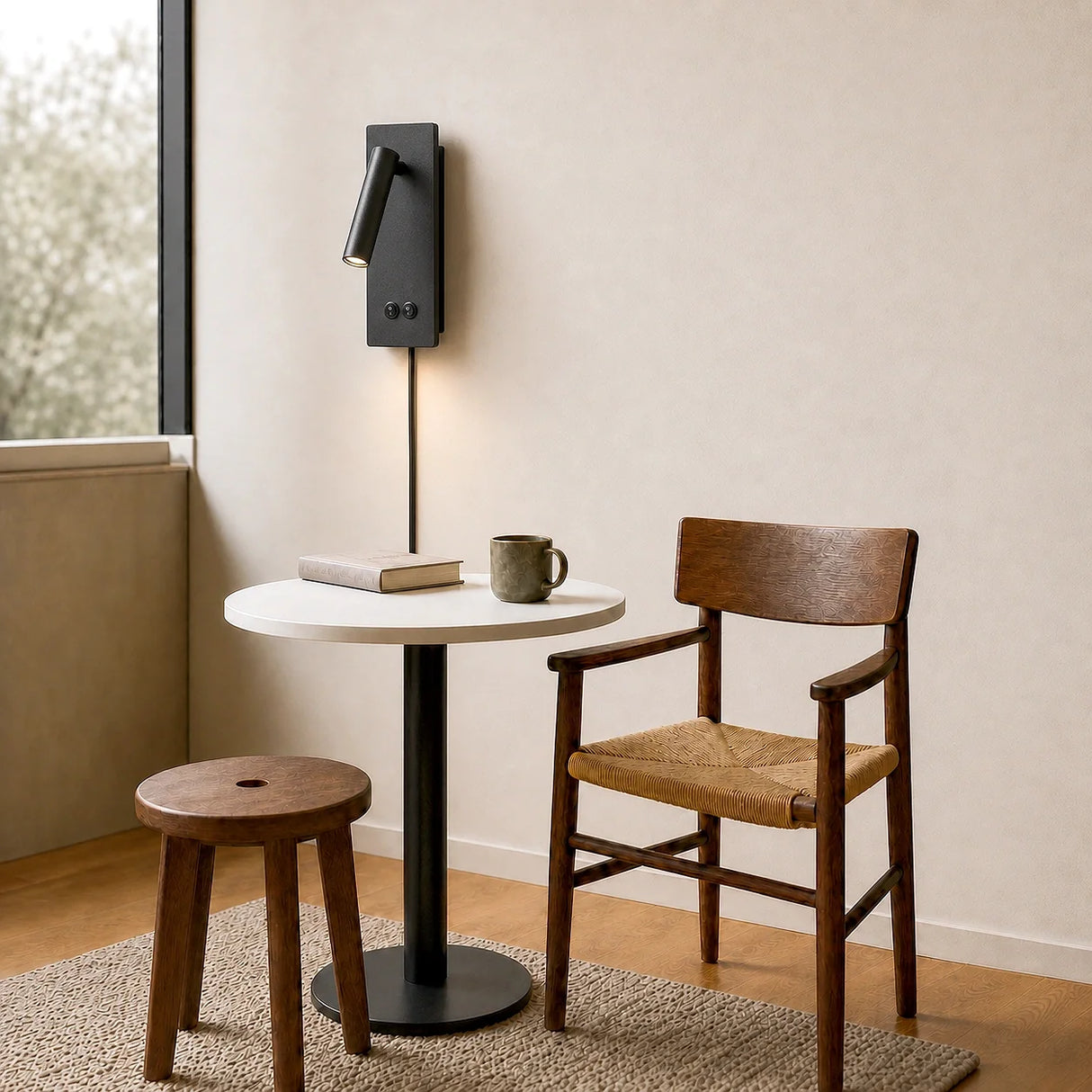 Matte black wall light with cylindrical adjustable reading spotlight