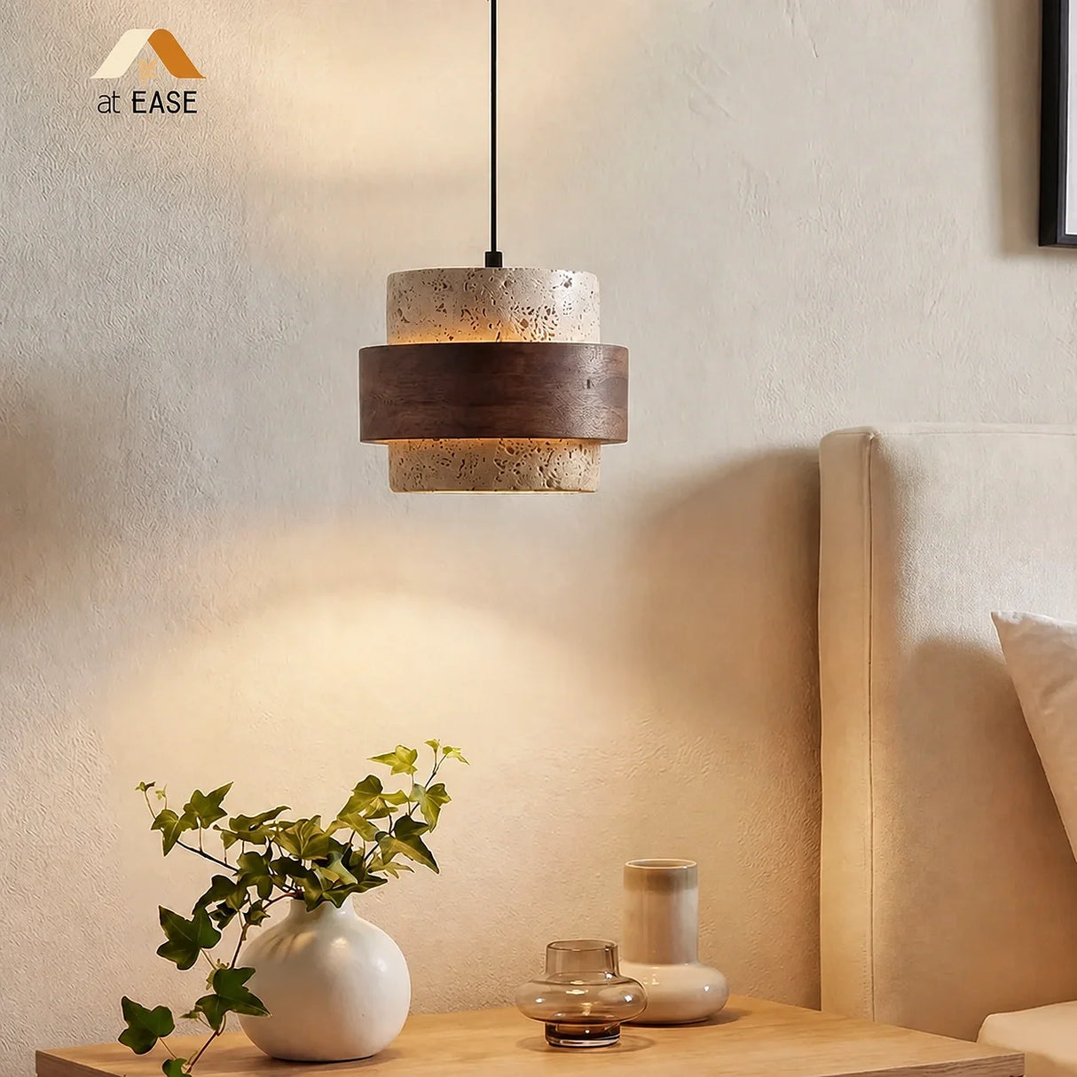 Orvina Travertine Cylinder Pendant Light Modern Japandi Minimalist