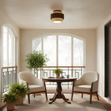 Minimalist wabi-sabi ceiling light with raw travertine and walnut tiers