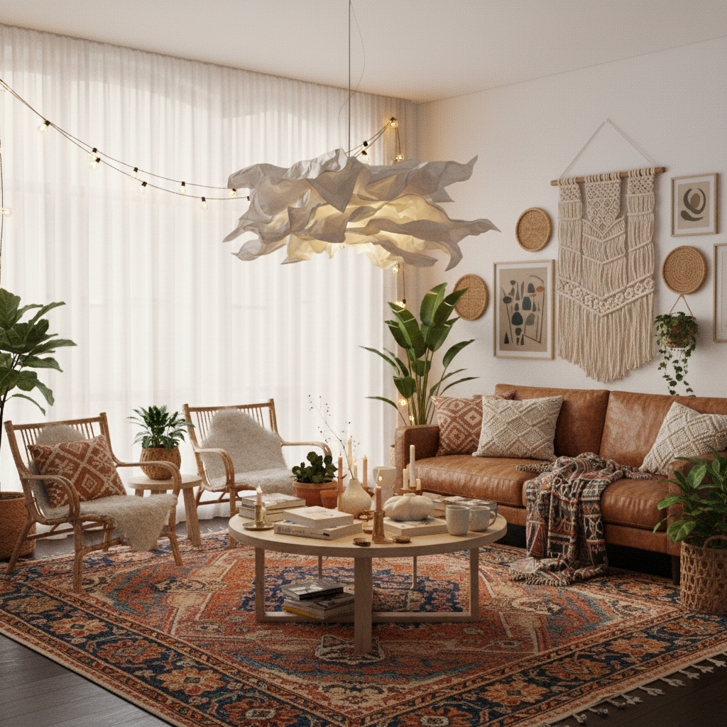 Paper pendant light over a boho living room with rattan chairs and rugs