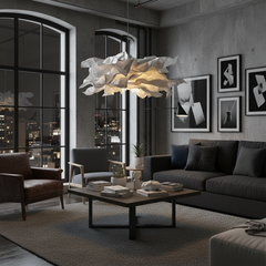 Paper pendant light in an industrial loft with black sofa and tall windows