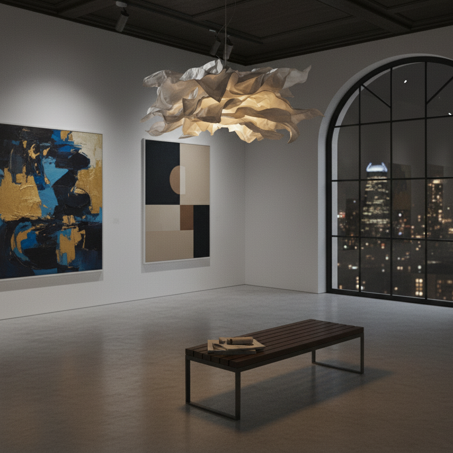 Large paper pendant shade lit in an open gallery space with dark artwork